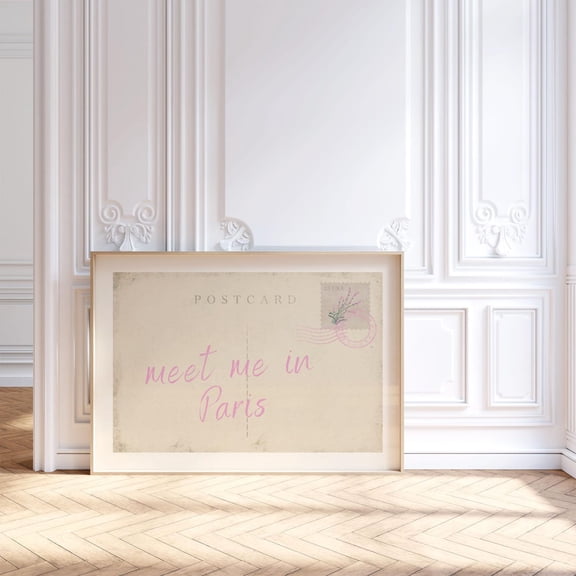 Meet Me In Paris Postcard Print, Pink Trendy Wall Art, Vintage Dorm Room Decor, Retro Travel Poster, College Apartment Aesthetic,, Unframed Poster Size 12x18
