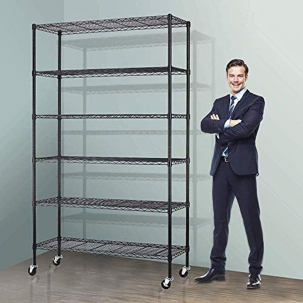 6-Tier Black Adjustable Steel Wire Shelving Unit with Wheels