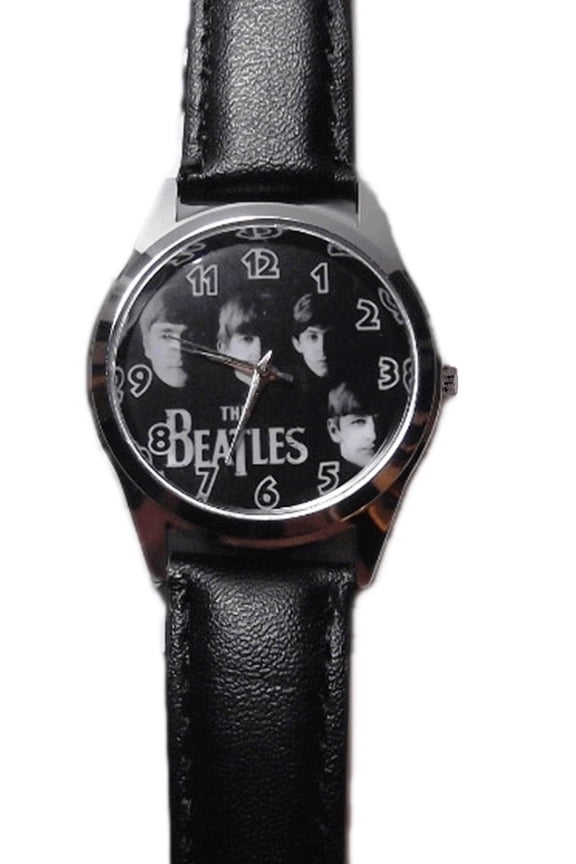 Meet The Beatles Faces Black Leather Band Wrist Watch