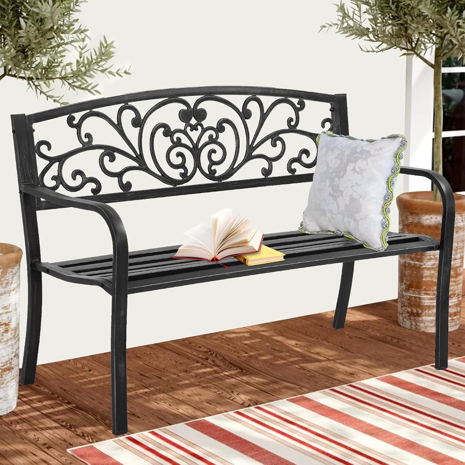 Meet perfect 50 Inch Outdoor Bench Cast Iron Garden Bench w/Floral ...