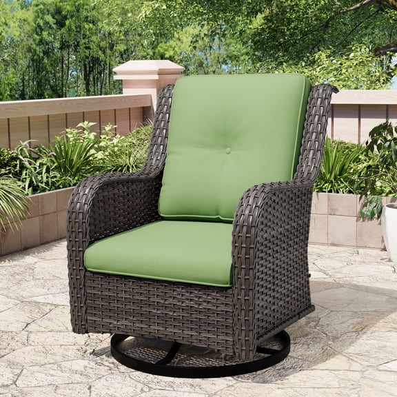 MeetLeisure 1 PCS Outdoor Swivel Rocker Patio Chair, Wicker Furniture with High Back, Deep Seating, Wide Armrest, Thick Cushions for Deck Porch, Green
