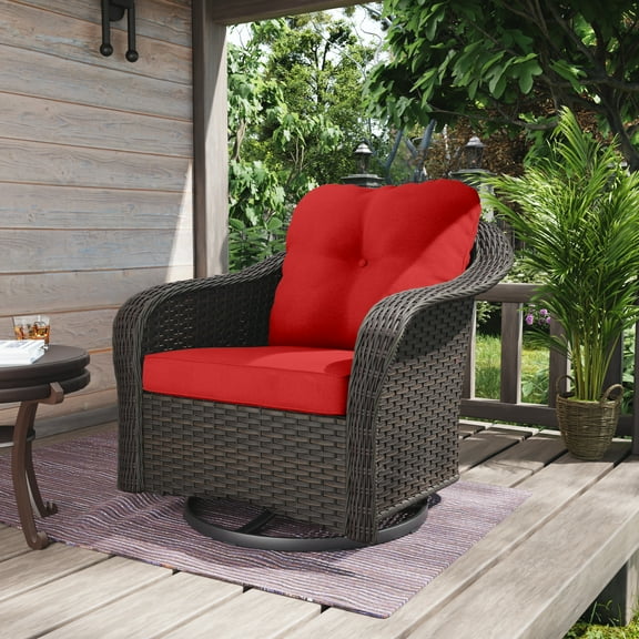 MeetLeisure 1 Pieces Outdoor Patio Furniture Wicker Swivel Chair with Cushions for Backyard, Red
