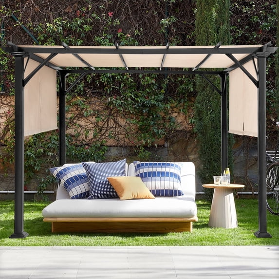 MeetLeisure 10'x10' Outdoor Pergola with Retractable Shade Canopy, Heavy-Duty Metal Patio Pergola with Flat Top for Deck Garden, Beige