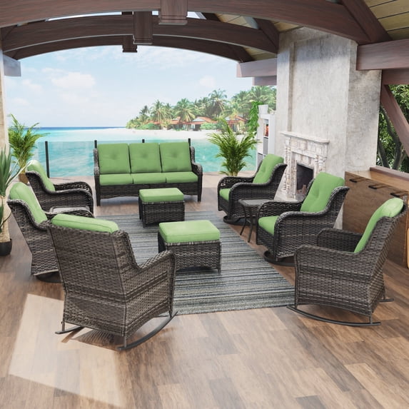 MeetLeisure 11 Pieces Outdoor Furniture Patio Furniture Set with One 3-Seat Sofa, Four Swivel Rocking Chairs,Two Rocking Chairs, Two Ottomans, Two Side Tables, Green