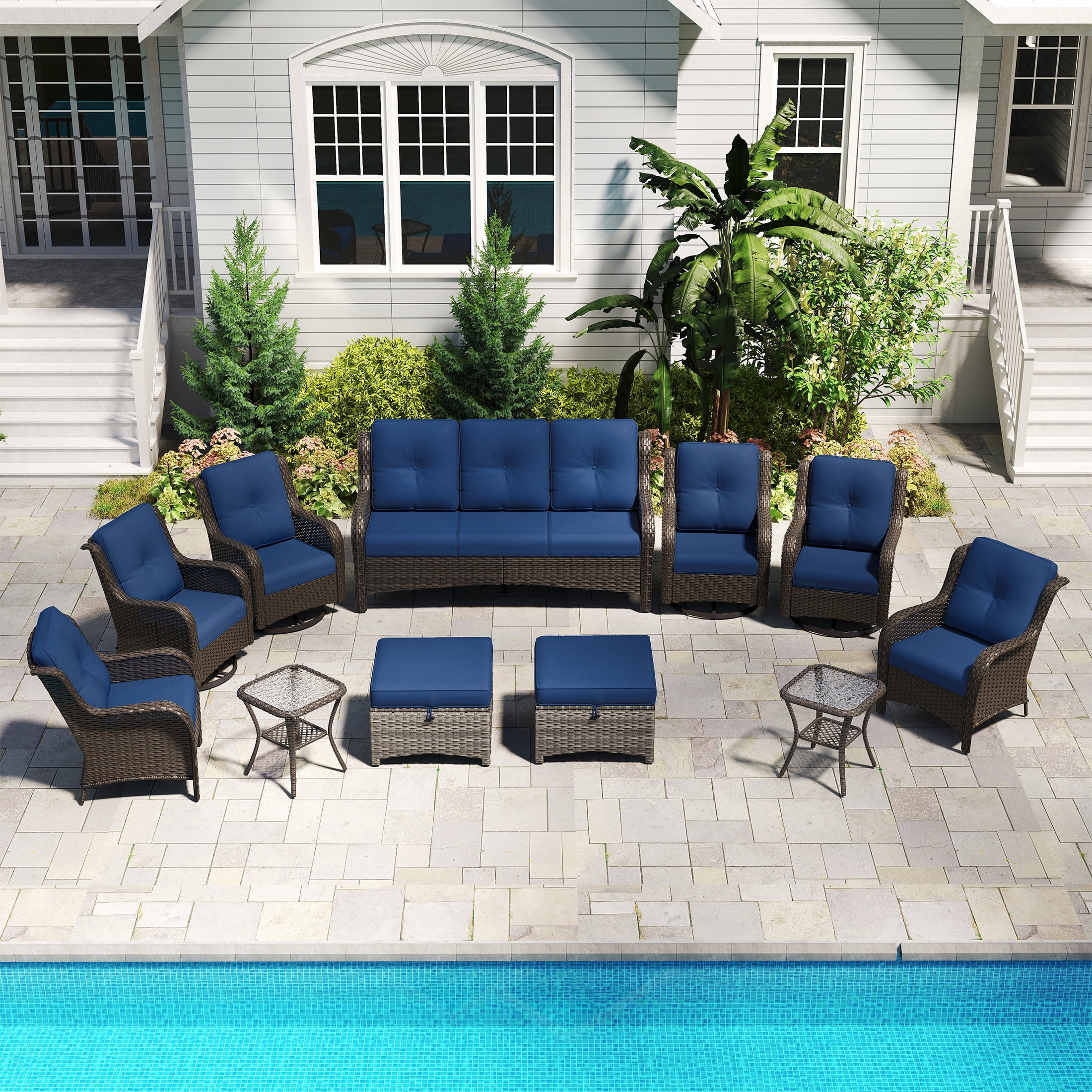 MeetLeisure 11 Piece Wicker Patio Furniture Set, Outdoor Swivel Rocker Chairs, Patio Sofa 3-Seat, High Back, Deep Seating, Wide Armrest, Thick Cushions for Deck Porch, Dark Blue
