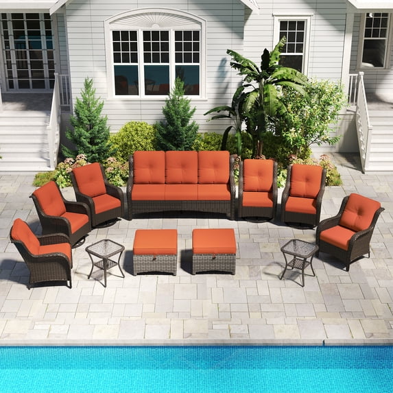 MeetLeisure 11 Piece Wicker Patio Furniture Set, Outdoor Swivel Rocker Chairs, Patio Sofa 3-Seat, High Back, Deep Seating, Wide Armrest, Thick Cushions for Deck Porch, Orange