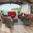 thumbnail image 1 of MeetLeisure 11 Pieces Outdoor Furniture Patio Furniture Set with One 3-Seat Sofa, Four Swivel Rocking Chairs,Two Rocking Chairs, Two Ottomans, Two Side Tables, Red, 1 of 14