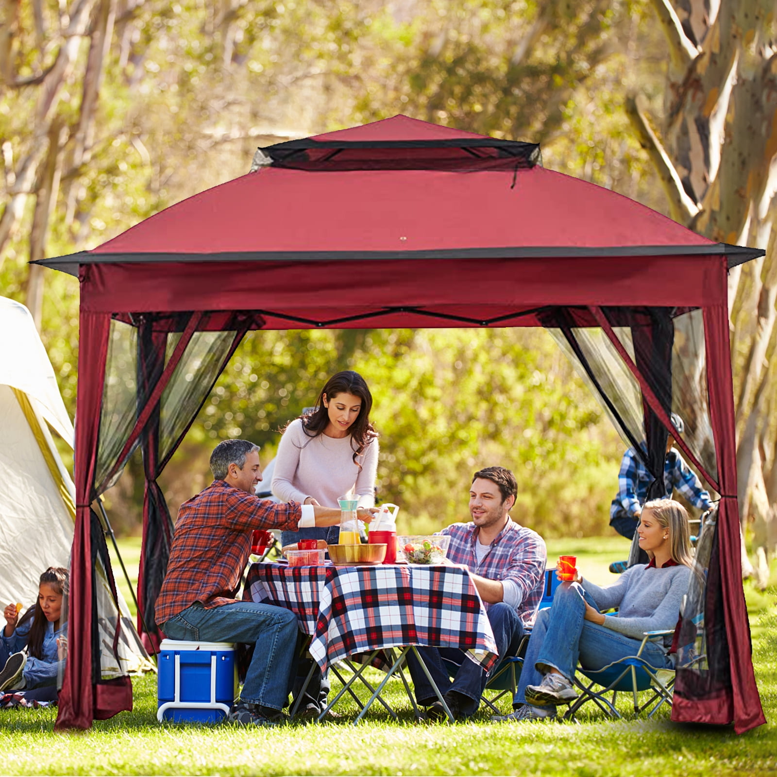 MeetLeisure 11 ft. x 11 ft. Beige Steel Popup Gazebo with Mosquito Netting
