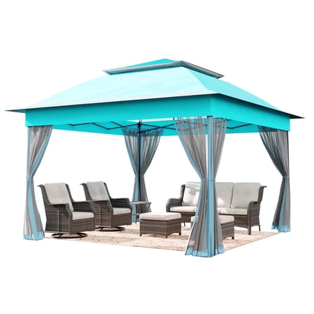 Meetleisure 11'x11' Pop Up Gazebo for Patios, Outdoor Canopy Tent with Sidewalls, Mosquito Netting, Pop Up Shelter for Wedding Party, Blue