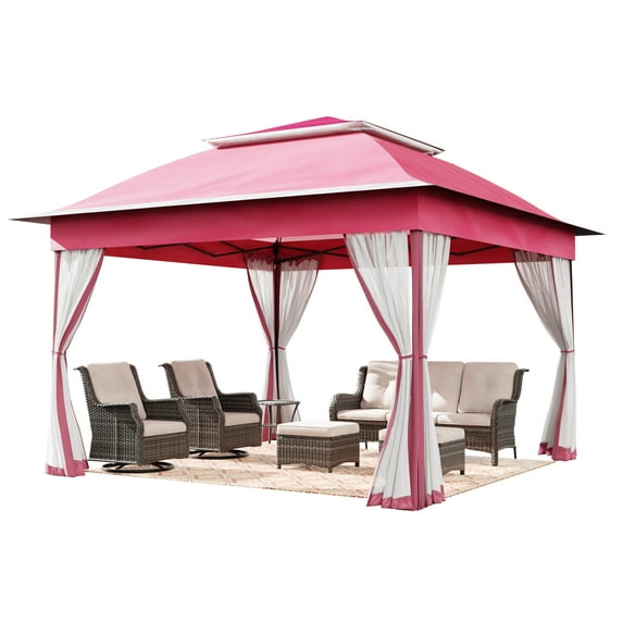 MeetLeisure 11 ft. x 11 ft. Beige Steel Pop-up Gazebo with Mosquito Netting