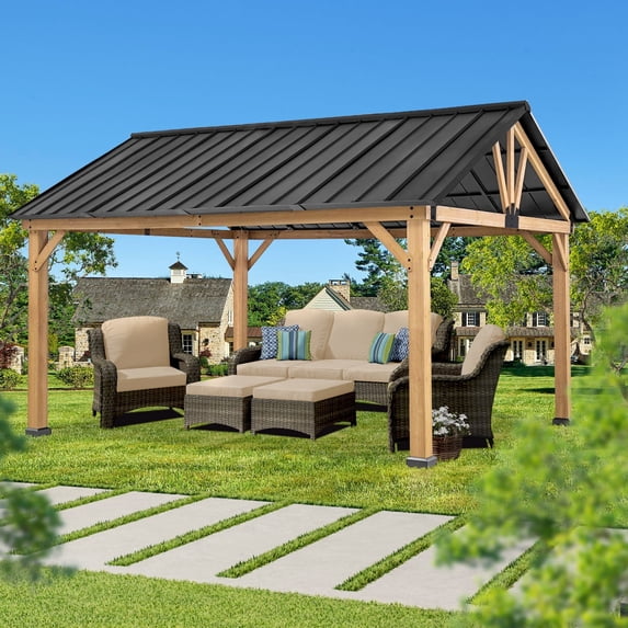 MeetLeisure 11' x 13' Cedar Solid Wood Hardtop Gazebo, Outdoor Patio Gazebo with Steel Roof, Black