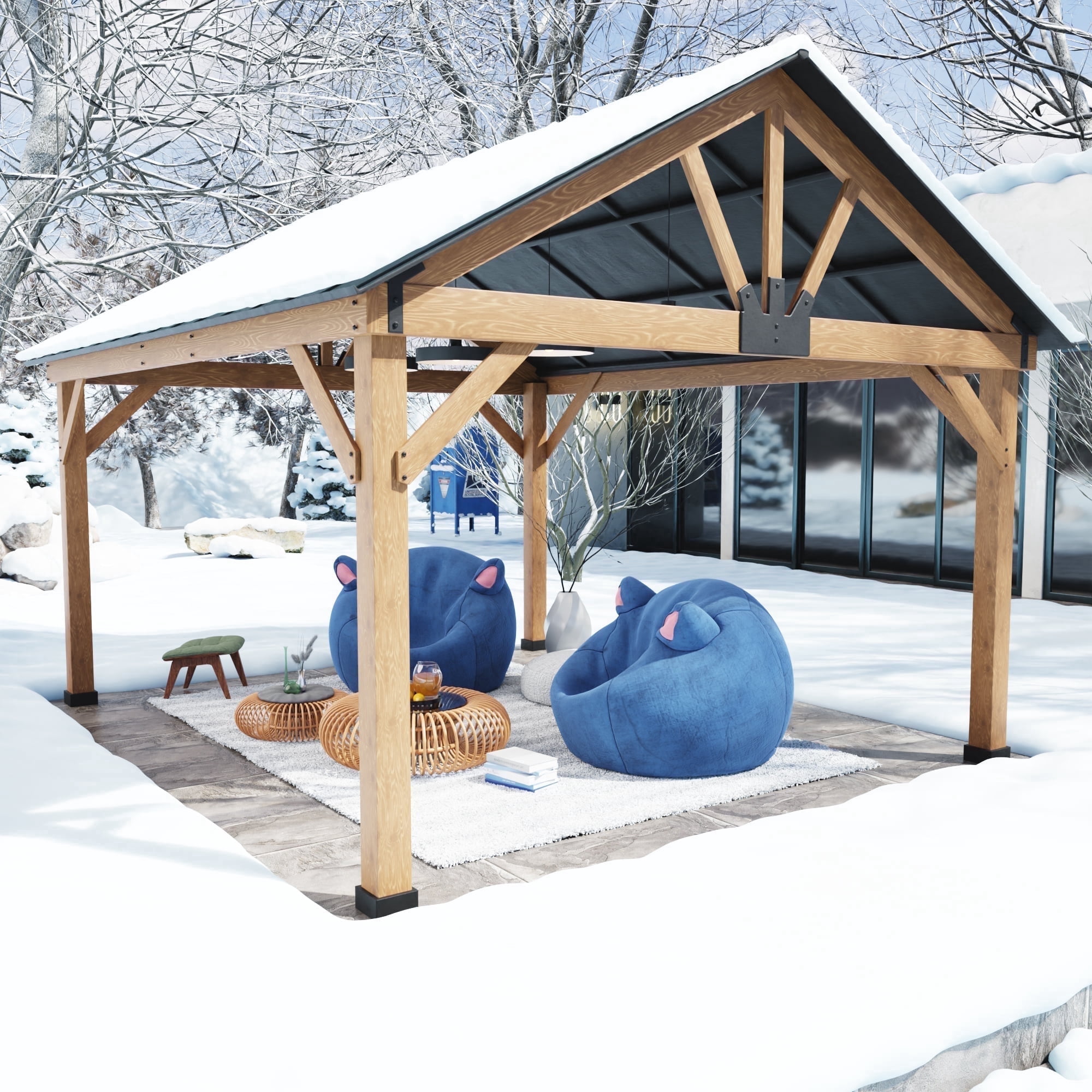 MeetLeisure 11' x 13' Cedar Solid Wood Patio Hardtop Gazebo with Black Steel Gable Roof for Patios Lawn and Backyard,Black