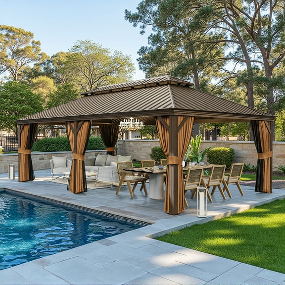 MeetLeisure 14x24Ft Durable Outdoor Double Roof Gazebo for Patio, Garden & Backyard, with Mosquito Netting and Sunshade Curtain