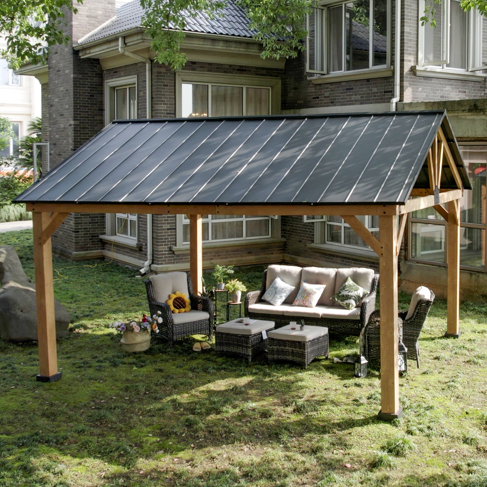 MeetLeisure 15 ft. W x 13 ft. Cedar Solid Wood Patio Gazebo; Gray