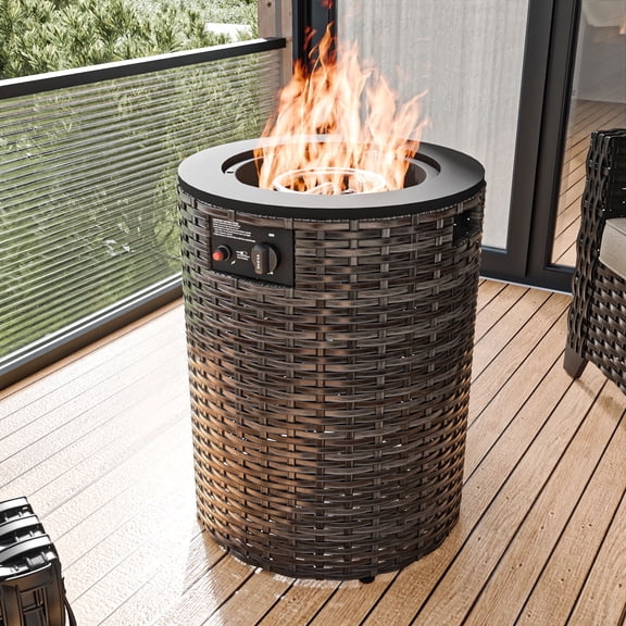 MeetLeisure 18" Gas Fire Pit Table, 50000 BTU Outdoor Rattan & Wicker Propane Fire Pit Table, with Round Black Steel Tabletop,Black&Brown