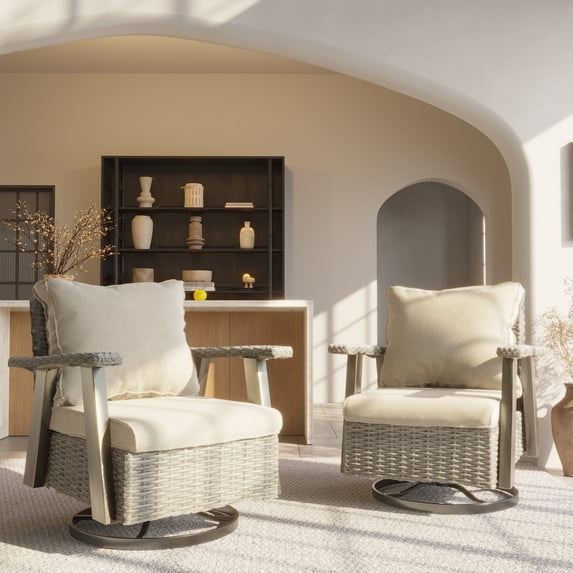 MeetLeisure 2-Piece Outdoor Polyethylene (PE) Wicker Swivel Rocker Chair,Beige