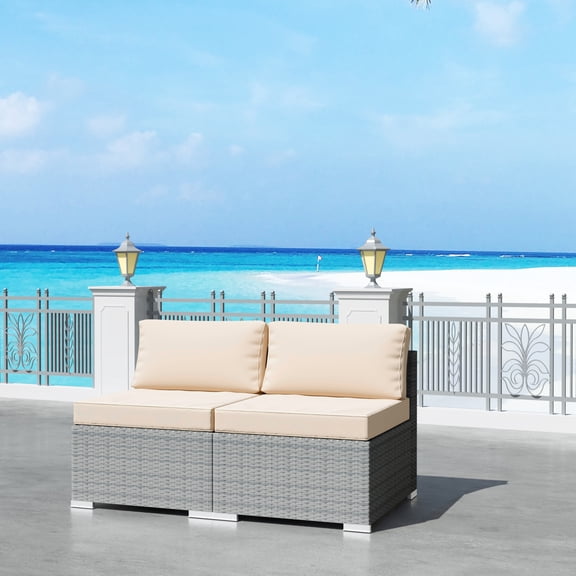 MeetLeisure 2 Piece Patio Armless Wicker Sofa Set with Removable Cushions, Beige