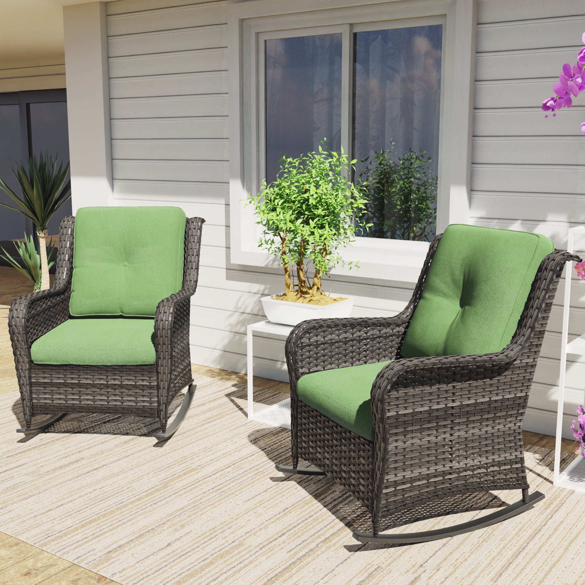 Green Cushioned Wicker Outdoor Swivel Rocking Accent Chair Set