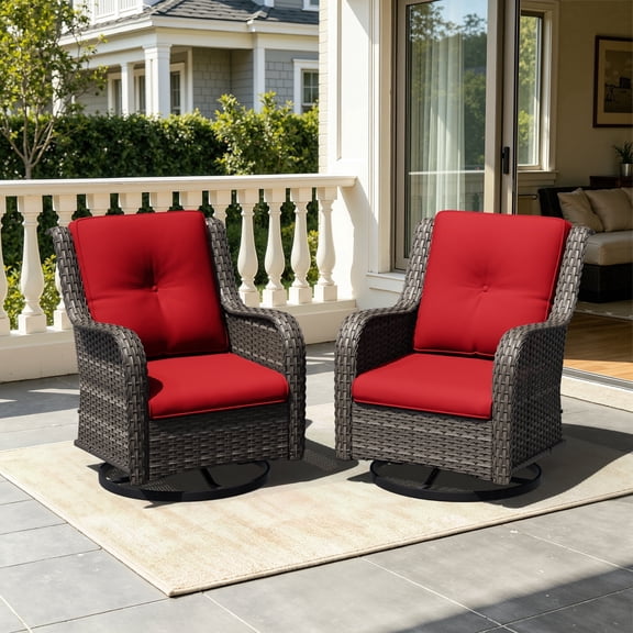 MeetLeisure 2 PCS Swivel Patio Chairs Set, Wicker Furniture with High Back, Deep Seating, Wide Armrest, Thick Cushions for Deck Porch, Red