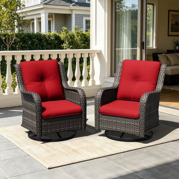 MeetLeisure 2 PCS Swivel Patio Chairs Set, Wicker Furniture with High Back, Deep Seating, Wide Armrest, Thick Cushions for Deck Porch, Red