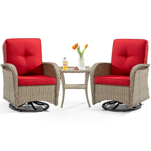 MeetLeisure 3-Piece Wicker Outdoor Conversation Set, Including 2 Swivel Rocking Chairs and 1 Wicker Side Table (Natural Color/Red)