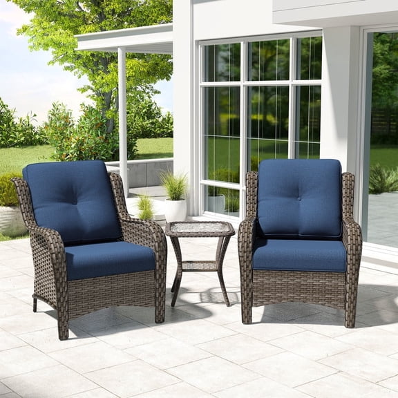 Meetleisure 3 Piece Wicker Patio Furniture Set, Rattan Chairs with Side Table, High Back, Deep Seating, Wide Armrest, Thick Cushions for Deck Porch, Dark Blue