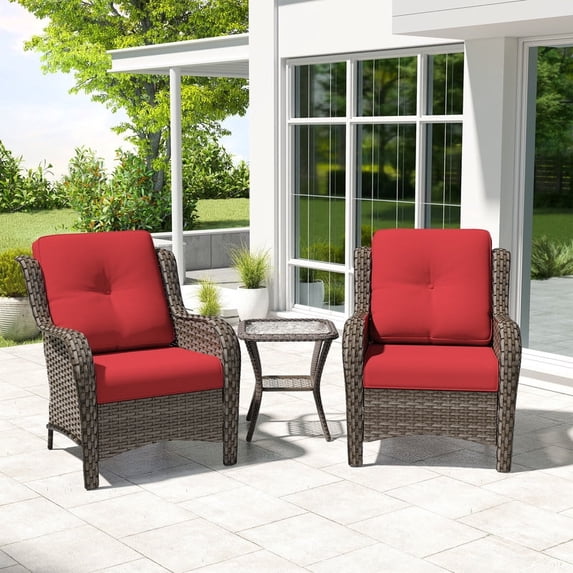 Meetleisure 3 Piece Wicker Patio Furniture Set, Rattan Chairs with Side Table, High Back, Deep Seating, Wide Armrest, Thick Cushions for Deck Porch, Red