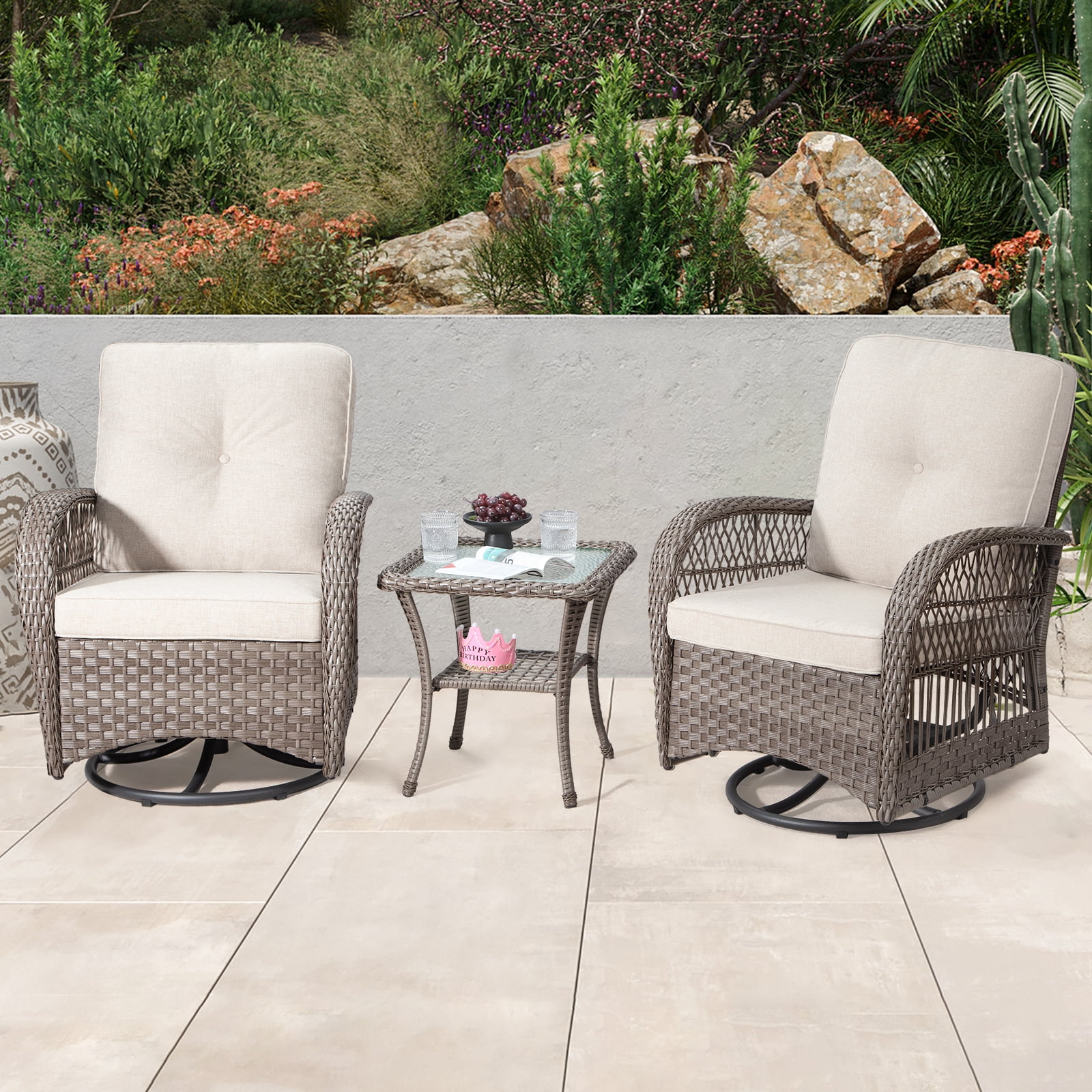 MeetLeisure 3-Piece Rattan Furniture, Wicker Rocking Conversation Set ...