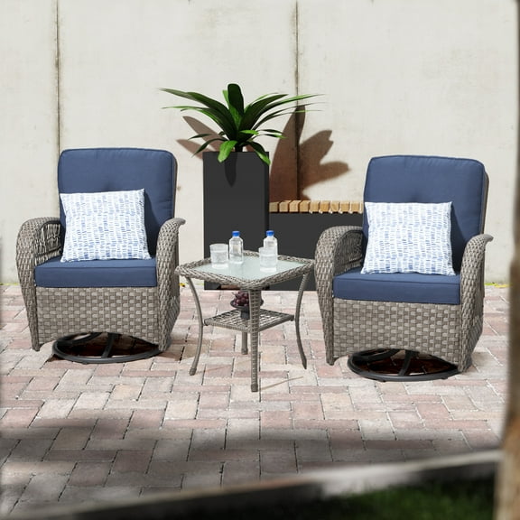 MeetLeisure 3-Piece Wicker Outdoor Rocking Chair Patio Conversation Set, Navy