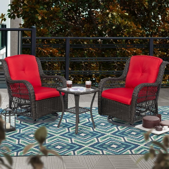 MeetLeisure 3-Piece Wicker Outdoor Rocking Chairs Wicker Patio Conversation Set; Red