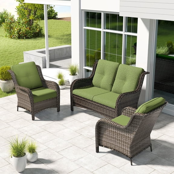 Meetleisure 3 Piece Wicker Patio Furniture Set, Rattan Chairs with Loveseat Sofa, High Back, Deep Seating, Wide Armrest, Thick Cushions for Deck Porch, Green