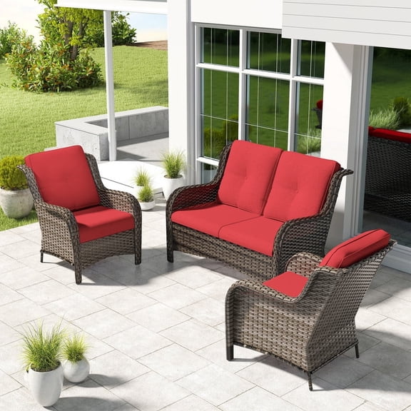 Meetleisure 3 Piece Wicker Patio Furniture Set, Rattan Chairs with Loveseat Sofa, High Back, Deep Seating, Wide Armrest, Thick Cushions for Deck Porch, Red