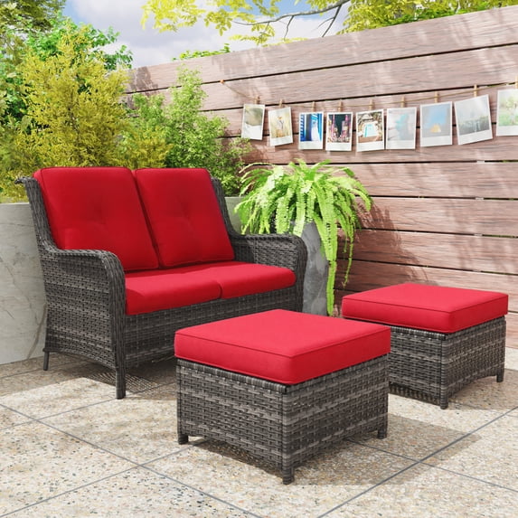 MeetLeisure 3 Pieces Outdoor Furniture Patio Furniture Set with One 2-Seat Sofa, Two Ottomans, Red