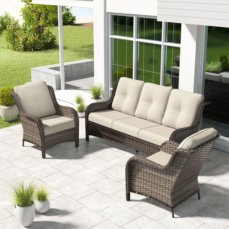 Meetleisure 3 Piece Wicker Patio Furniture Set, Rattan Chairs with 3-Seater Sofa, High Back, Deep Seating, Wide Armrest, Thick Cushions for Deck Porch, Beige
