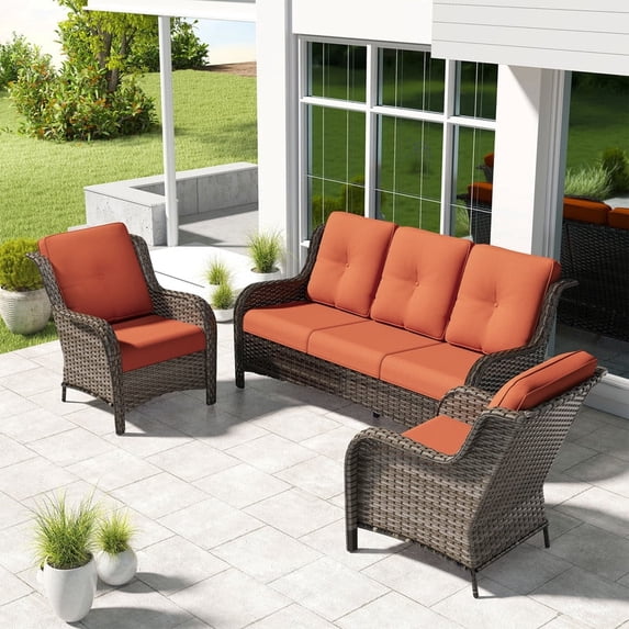 Meetleisure 3 Piece Wicker Patio Furniture Set, Rattan Chairs with 3-Seater Sofa, High Back, Deep Seating, Wide Armrest, Thick Cushions for Deck Porch, Orange