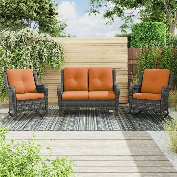 MeetLeisure 3 Pieces Outdoor Furniture Patio Furniture Set with Two Rocking Chairs,One 2-Seat Sofa, Orange