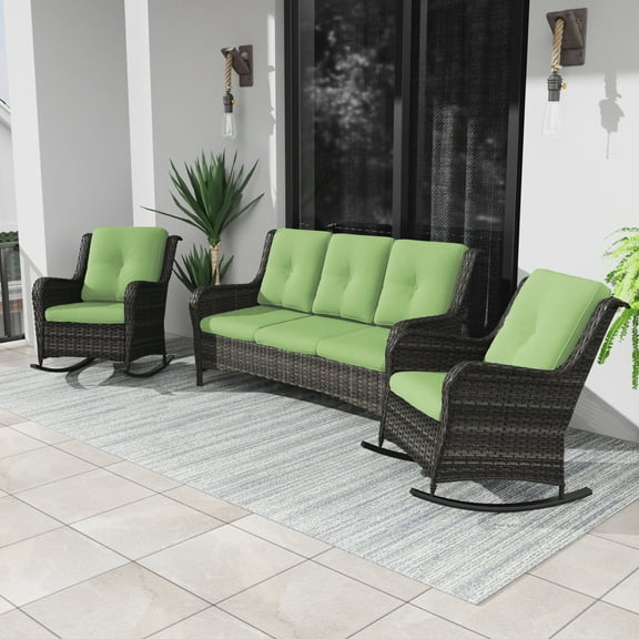 MeetLeisure 3 Pieces Outdoor Furniture Patio Furniture Set with Two Rocking Chairs,One 3-Seat Sofa, Green
