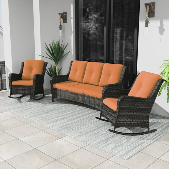 MeetLeisure 3 Pieces Outdoor Furniture Patio Furniture Set with Two Rocking Chairs,One 3-Seat Sofa, Orange