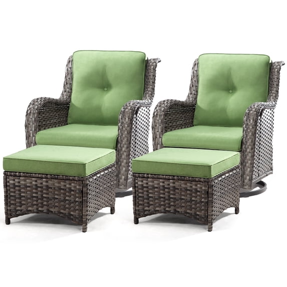 MeetLeisure 4 PCS Wicker Patio Furniture Set, Swivel Rocker Chairs with 2 Ottomans, High Back, Deep Seating, Wide Armrest, Thick Cushions for Deck Porch, Green