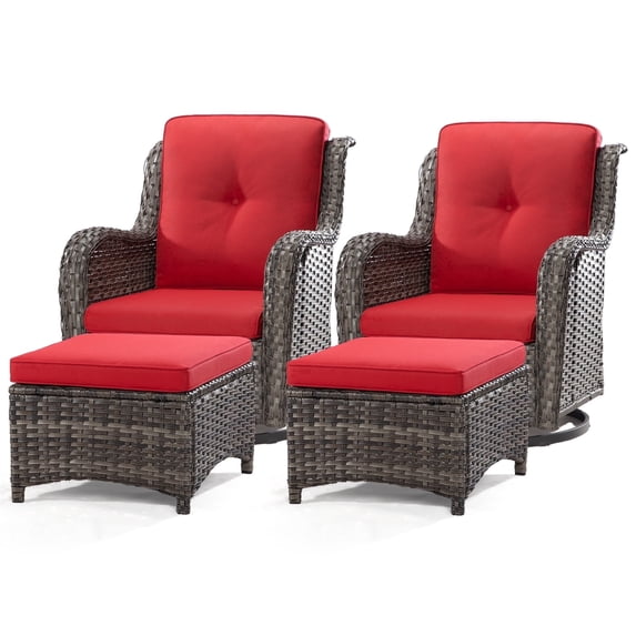 MeetLeisure 4 PCS Wicker Patio Furniture Set, Swivel Rocker Chairs with 2 Ottomans, High Back, Deep Seating, Wide Armrest, Thick Cushions for Deck Porch, Red
