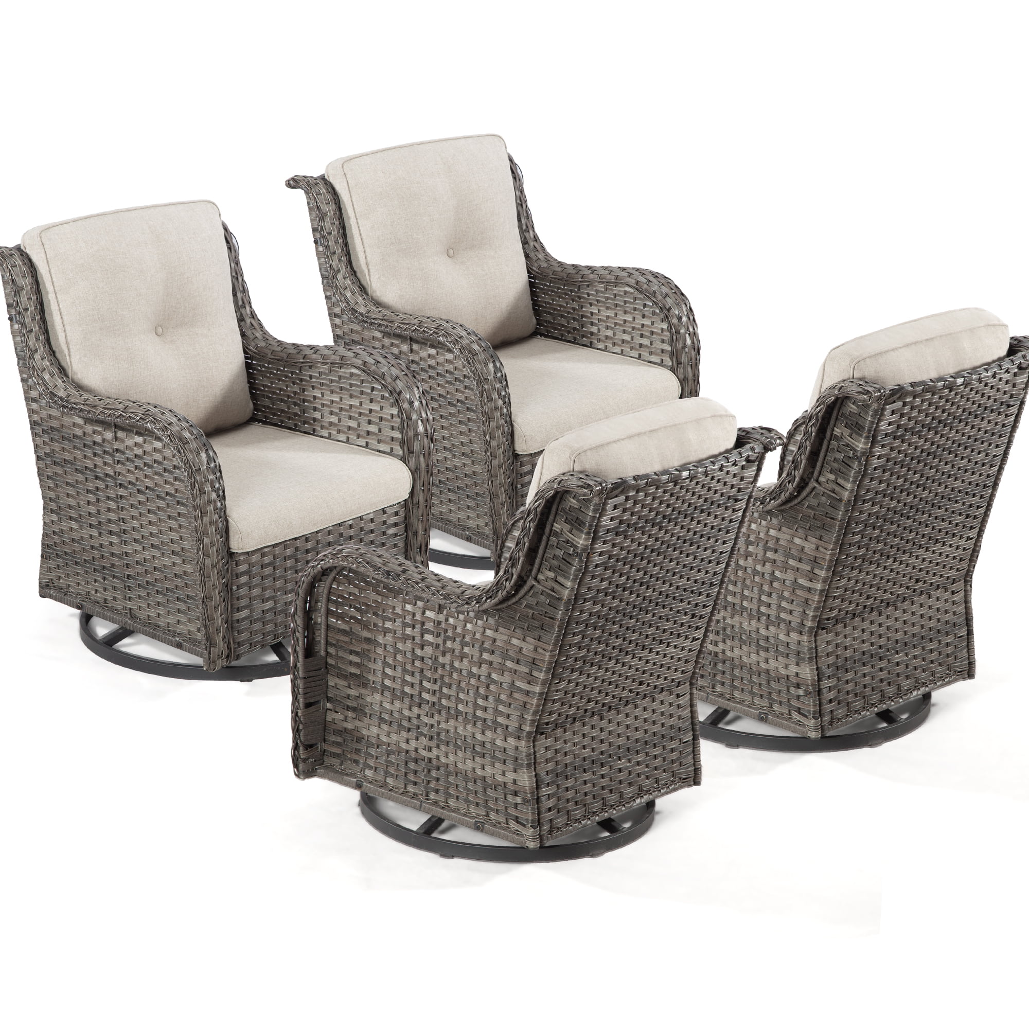 Beige Wicker Swivel Patio Chairs with Cushions, Set of 4