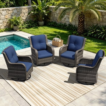 MeetLeisure 4 Pieces Outdoor Patio Furniture Wicker Swivel Chair with Cushions for Backyard, Navy
