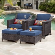 MeetLeisure 4 Pieces Patio Conversation Furniture Set, 2 Chairs with 2 Ottomans, Outdoor Wicker Armchairs with Water-Resistant Washable Cushions for Porch Balcony Sunroom, Dark Blue