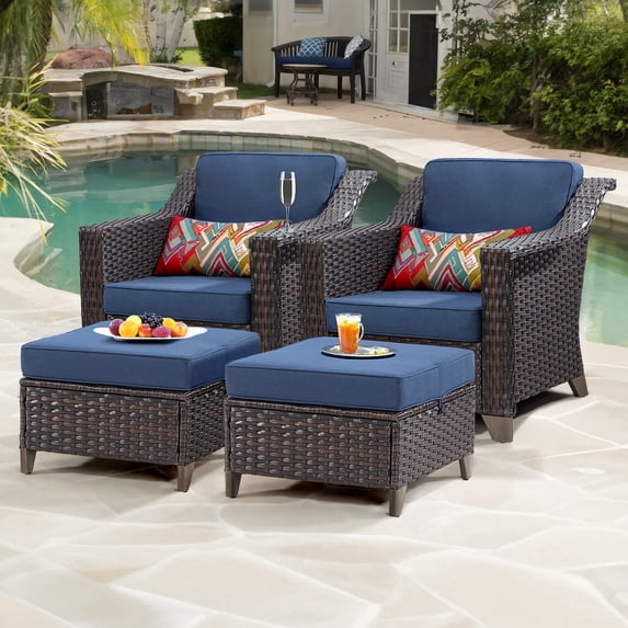 MeetLeisure 4 Pieces Patio Conversation Furniture Set, 2 Chairs with 2 Ottomans, Outdoor Wicker Armchairs with Water-Resistant Washable Cushions for Porch Balcony Sunroom, Dark Blue