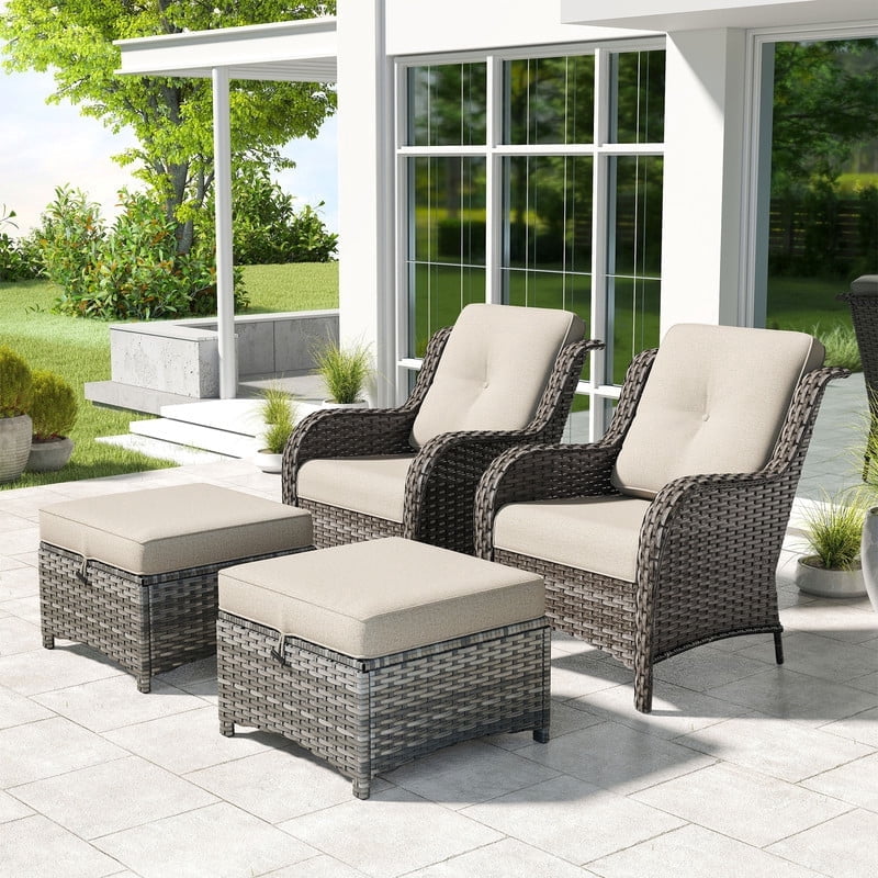 Meetleisure 4 Piece Wicker Patio Furniture Set, Rattan Chairs with Ottomans, High Back, Deep Seating, Wide Armrest, Thick Cushions for Deck Porch, Beige