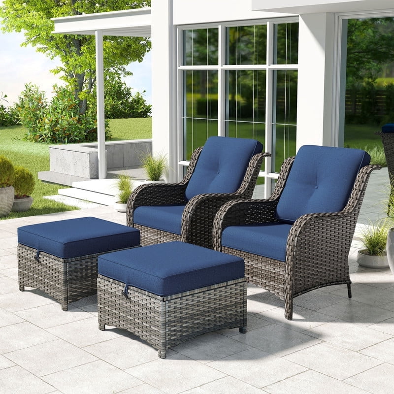 Meetleisure 4 Piece Wicker Patio Furniture Set, Rattan Chairs with Ottomans, High Back, Deep Seating, Wide Armrest, Thick Cushions for Deck Porch, Dark Blue