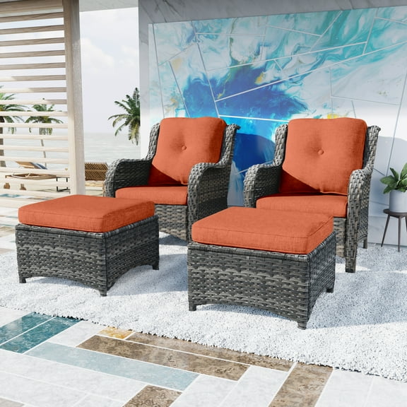 MeetLeisure 4 Pieces Patio Conversation Set, Two Wicker Chairs,and Two Ottomans with 3.5-inch Seat Cushions, Orange