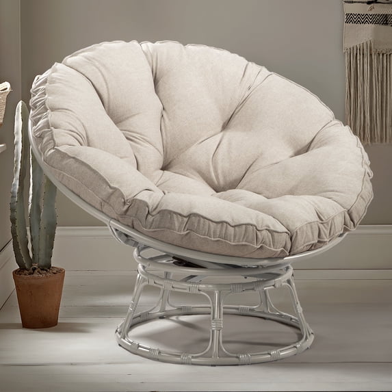 MeetLeisure 41 Inch Papasan Chair Handwoven Wicker with Thcik Olefin Cushion,Sturdy Steel Frame,Rattan Swivel Chair Waterproof for Living Room,Bedroom,Lounge,Indoor Outdoor,White Beige