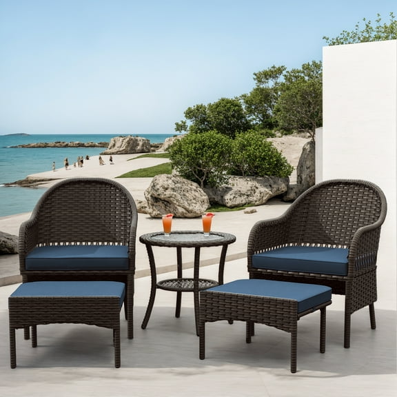 MeetLeisure 5-Piece Wicker Patio Furniture Set, PE Rattan Outdoor Chairs with Ottomans, Patio Chairs with Cushions, Navy