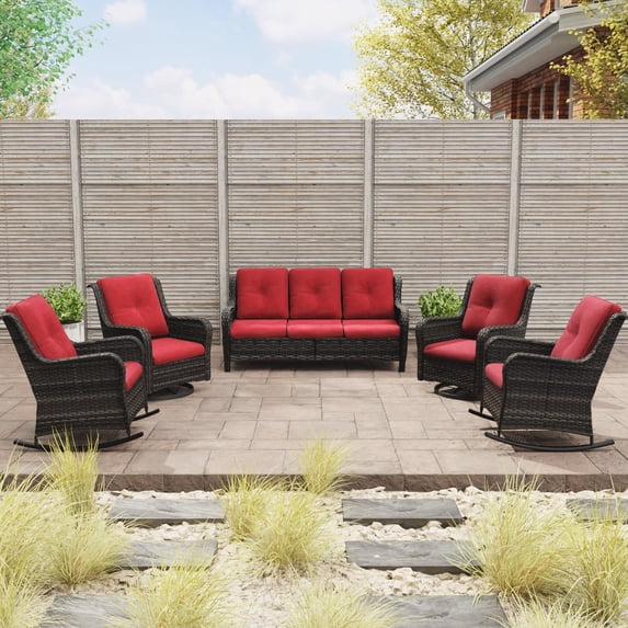 MeetLeisure 5 Pieces Outdoor Furniture Patio Furniture Set with One 3-Seat Sofa, Two Swivel Rocking Chairs,Two Rocking Chairs, Red